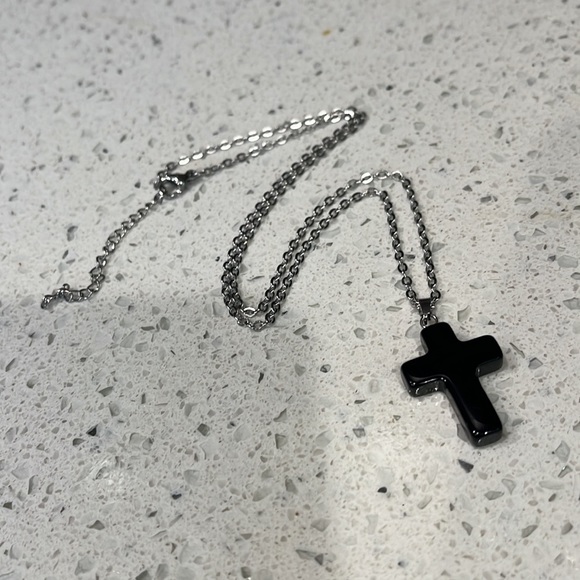 Black Onyx Cross Charm Necklace Silver Chain NWT - Picture 6 of 6